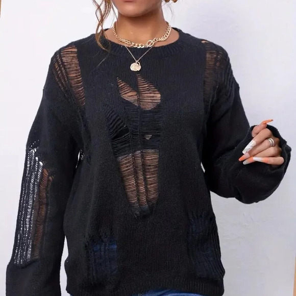 Distressed Ripped Knit Sweater (Size: M) - Picture 4 of 4